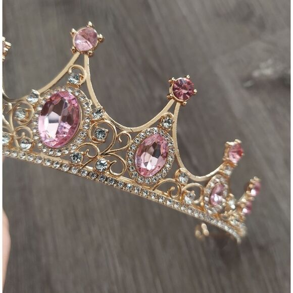 Crystal Pink and Gold Tiara Queen Princess Crown - Picture 4 of 4